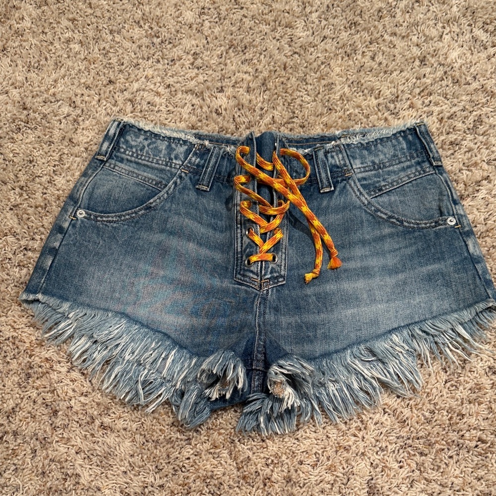 We The Free Denim Shorts with Orange Lace Detail